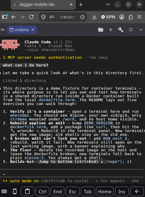 A terminal session that kept running while the app was closed