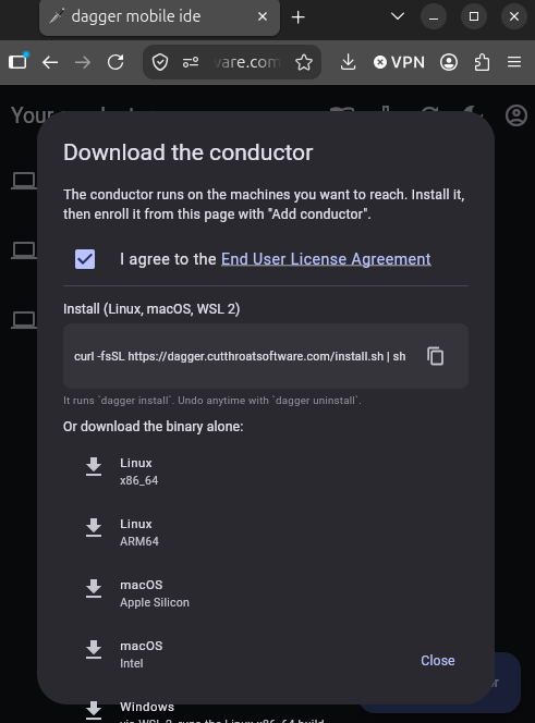 The download dialog with the one-line install